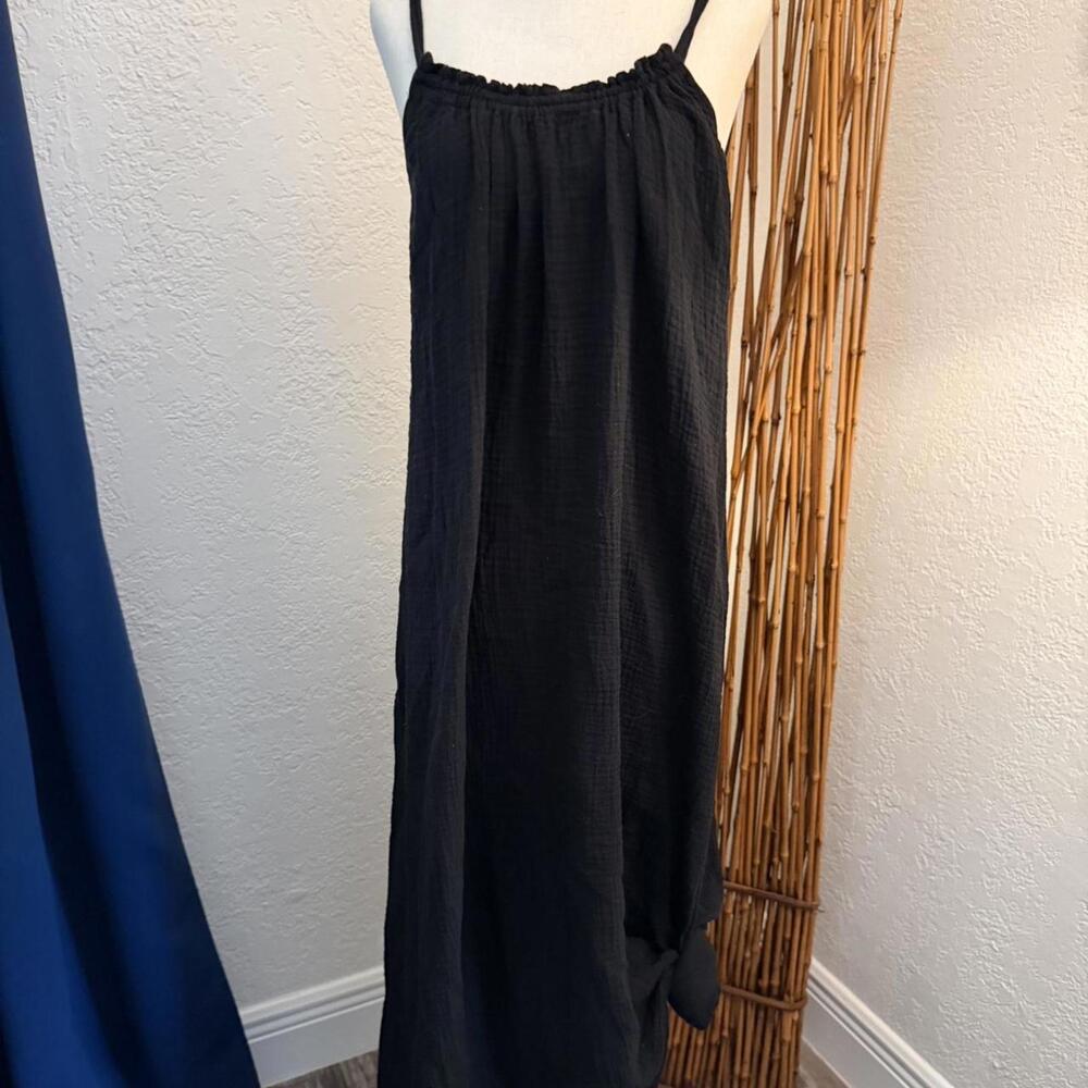 Black linen midi dress with spaghetti straps and adjustable tie back